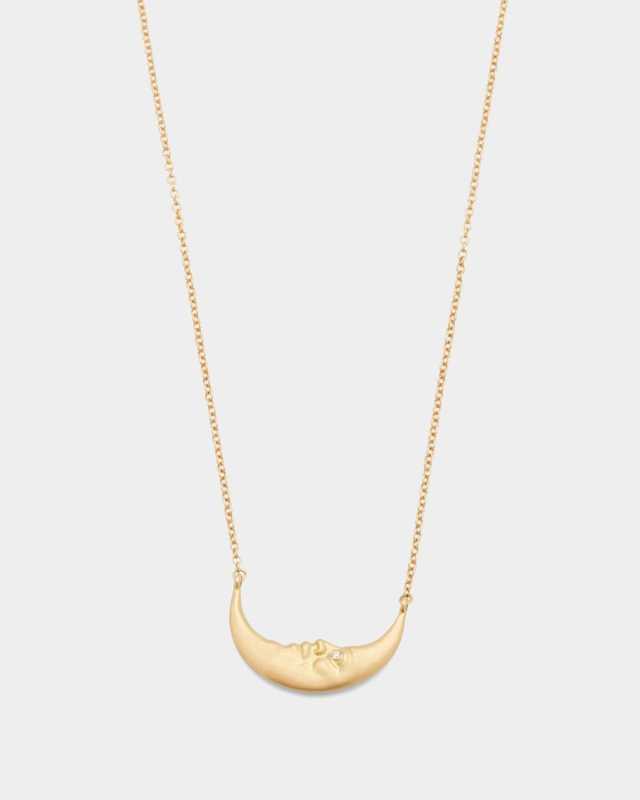 18K Yellow Gold Crescent Moonface Necklace with Diamond Eyes